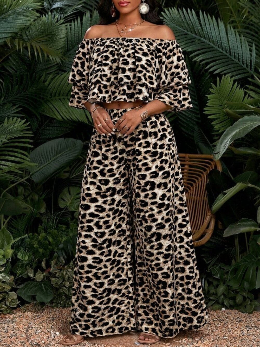 Multicolor Boho Women's Leopard Print Off-Shoulder Top & Wide-Leg Pants Set - Picture 3 of 6